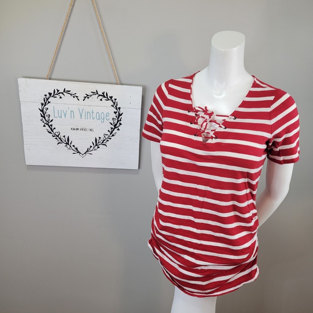 Old Navy Striped Lace-Up T-Shirt Short Sleeve Top Red White‎ Maternity Size M